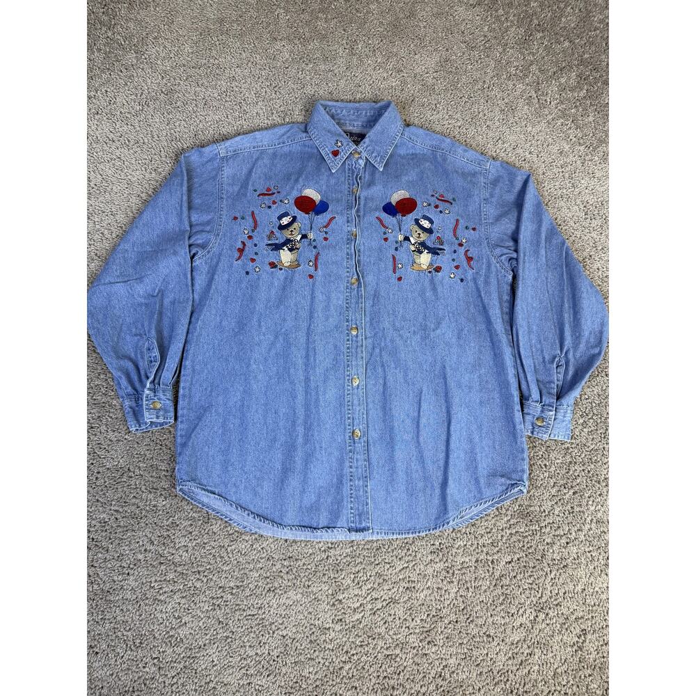 Vintage Quizz Again Shirt Womens S Blue Denim Millenium Teddy Bear Y2K 2000s